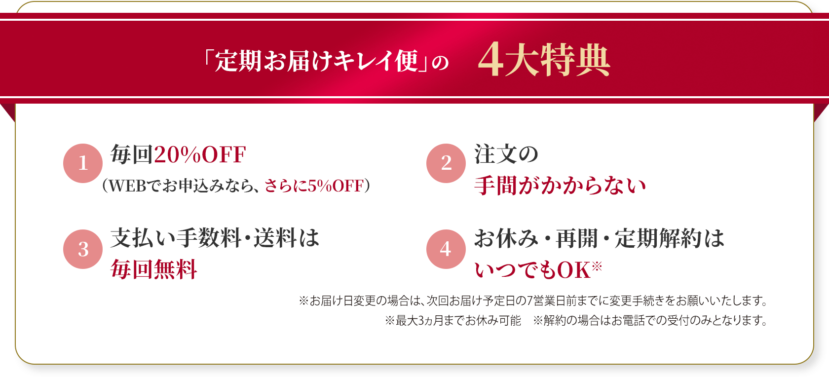 
              「定期お届けキレイ便」の4大特典
              1 毎回最大25%OFF（WEBでお申込みなら、さらに5%OFF）
              2 注文の手間がかからない
              3 支払い手数料・送料は毎回無料
              4 お休み・再開・定期解約はいつでもOK※
              ※お届け日変更の場合は、次回お届け予定日の7営業日前までに変更手続きをお願いいたします。
              ※最大3ヵ月までお休み可能
              ※解約の場合はお電話での受付のみとなります。
              